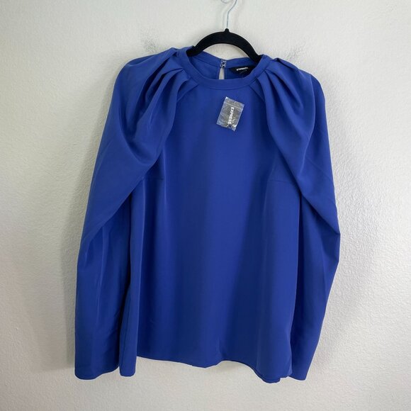 NEW Express Womens Large Royal Blue Pleated Shoulder Blouse Long Sleeve Shirt - Picture 7 of 10